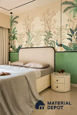 Art Deco bedroom with chinoiserie wallpaper, sage green wall paint, and glossy beige floor tile of 3 BHK apartment in Jana Jeeva orchid KR puram Bengaluru