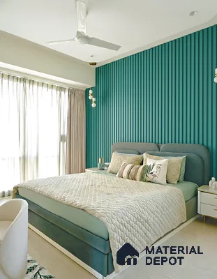 Modern bedroom with teal fluted wall panels and pastel upholstered bed of 3 BHK apartment in Jana Jeeva orchid KR puram Bengaluru