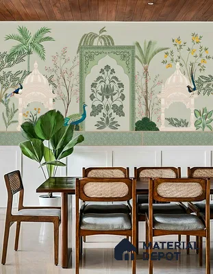 Art Deco dining room with Indian chinoiserie wallpaper, wooden dining set, and cane back chairs of 3 BHK apartment in Jana Jeeva orchid KR puram Bengaluru