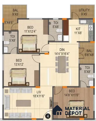 Modern apartment floor plan with wood-look tile flooring and neutral palette of 3 BHK apartment in Jana Jeeva orchid KR puram Bengaluru