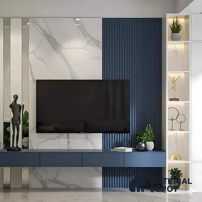 Modern TV unit with white marble laminate, navy blue fluted panels, and floating cabinet of 3 BHK apartment in Jana Jeeva orchid KR puram Bengaluru