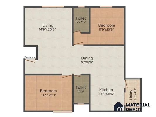 Modern apartment floor plan with beige tile flooring and wood-look bedroom tiles