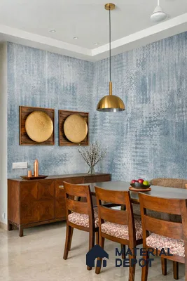 Modern dining room with blue patterned wallpaper, walnut wood dining set, and beige marble floor