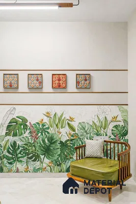 Eclectic living room with tropical wallpaper, olive green leather upholstery, and wooden accent chair