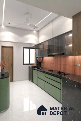 Modern kitchen with olive green laminate, black marble countertop, and terracotta fluted backsplash tile