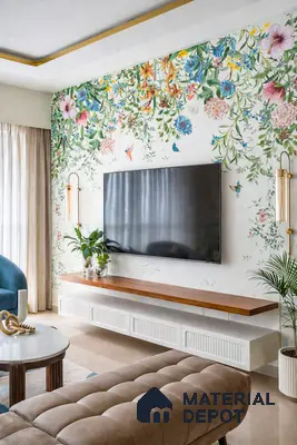 Eclectic living room with floral wallpaper, wooden floating TV unit, and beige marble floor