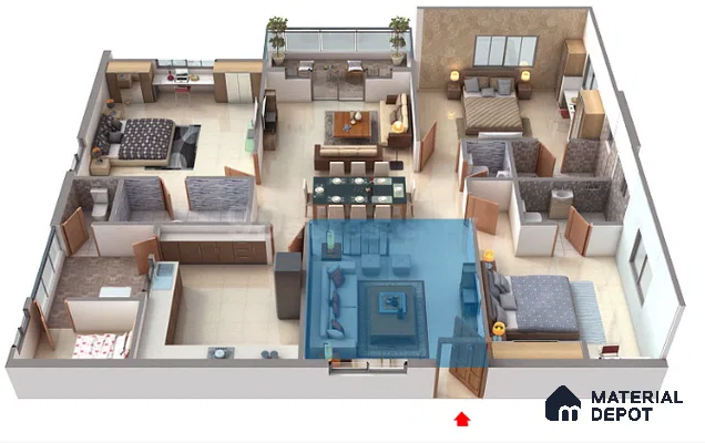 Modern living room with beige floor tiles, wooden laminate furniture, and glass partition