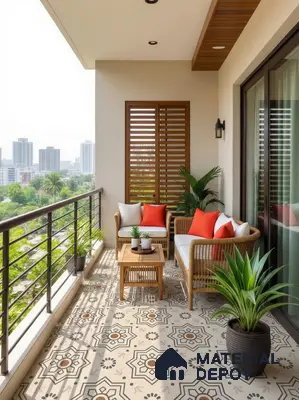 Modern balcony with geometric patterned floor tiles and wooden louver panels