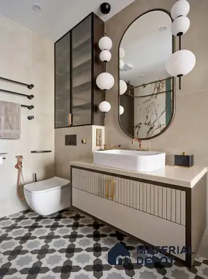 Modern bathroom with beige wall tiles, fluted vanity, and geometric patterned floor tiles