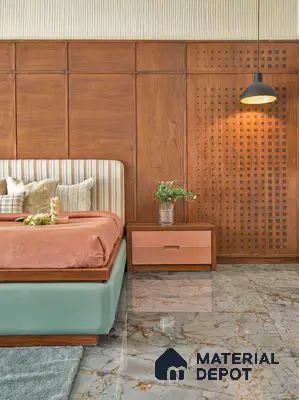 Mid-century modern bedroom with walnut wood paneling and marble floor tile