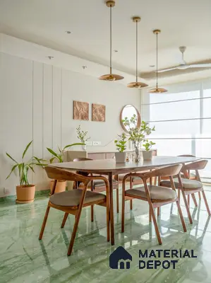 Scandinavian dining room with green marble floor and natural wood dining set