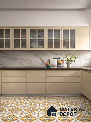 Modern kitchen with beige high gloss laminate, marble-look backsplash tile, and yellow-grey patterned floor tiles