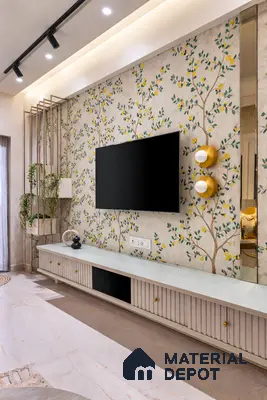 Modern TV unit with floral wallpaper, fluted cabinet shutters, and marble floor tile