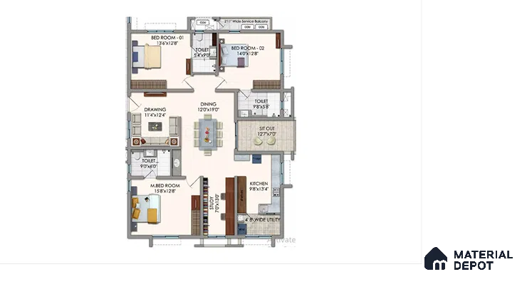 Modern 3BHK apartment floor plan with open dining, modular kitchen, and multiple bedrooms