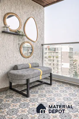 Scandinavian balcony with patterned encaustic moroccan floor tiles and textured plaster wall