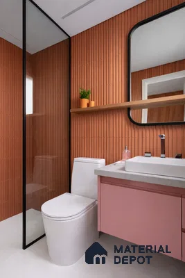 Modern bathroom with terracotta fluted wall tiles and pastel pink vanity