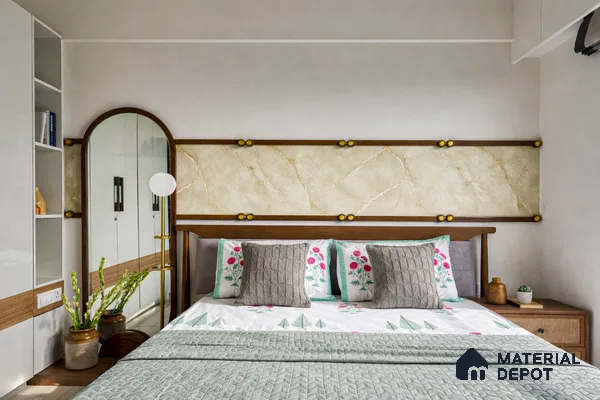 Modern bedroom with beige marble laminate headboard, walnut wood accents, and white built-in wardrobe