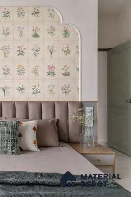 Modern bedroom with floral patterned wallpaper accent and taupe suede upholstered headboard