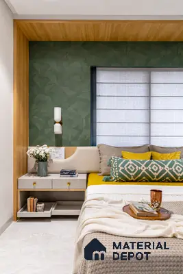 Scandinavian bedroom with geometric green wallpaper, light oak wood panel, and beige marble flooring