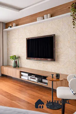 Modern TV unit with geometric wallpaper, walnut wood laminate, and wide plank wooden flooring