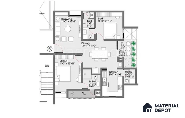 Modern apartment floor plan with open dining, kitchen, utility, and dual bedroom layout