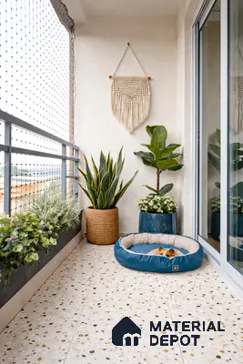 Bohemian balcony with terrazzo floor tiles and macrame wall hanging