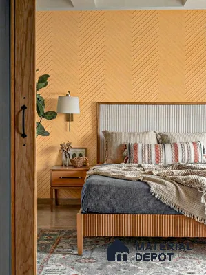 Scandinavian bedroom with herringbone wood wall panels and fluted oak bed frame