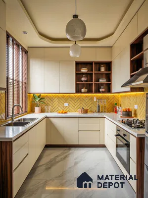 Modern kitchen with yellow herringbone backsplash tile, cream laminate cabinets, and marble look floor tile
