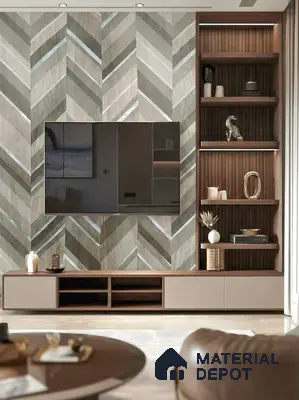 Modern TV unit with chevron wood laminate wall and walnut fluted panels
