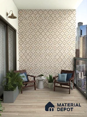 Modern balcony with geometric patterned wall tiles and light wood-look floor tiles