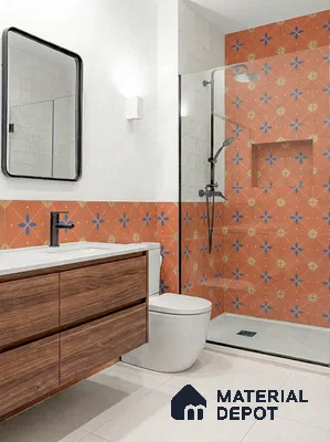 Modern bathroom with terracotta floral patterned wall tiles and walnut wood vanity
