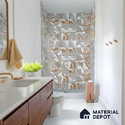 Modern bathroom with abstract patterned brown and grey wall tiles and walnut wood vanity