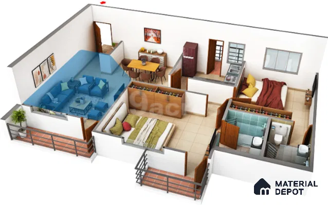 Modern Floor Plan with blue fabric sofa, beige floor tiles, and minimal decor