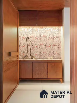 Modern foyer with floral patterned wallpaper and walnut wood laminate cabinetry