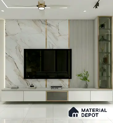 Modern TV unit with white marble laminate, gold accent profiles, and fluted wall panels