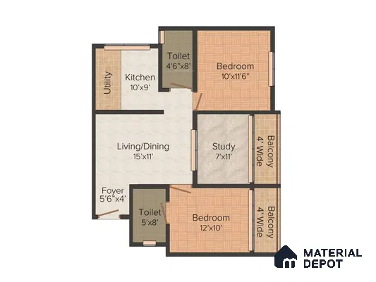 Modern apartment floor plan with wood tile bedrooms, beige tile kitchen, and neutral living area