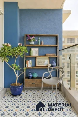 Eclectic balcony with blue textured wall and geometric patterned floor tiles