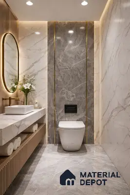 Modern bathroom with white and grey marble tiles, gold accent, and fluted wood vanity