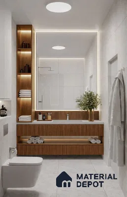 Modern bathroom with white marble-look tiles and fluted wood vanity