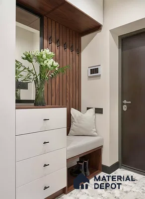 Modern foyer with walnut wood louvers, frosty white laminate drawers, and terrazzo floor tiles