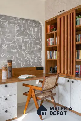 Mid-century modern study room with marble laminate cabinets, wood louver bookshelf, and abstract wallpaper