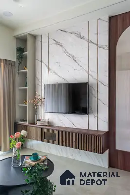 Modern living room TV unit with white marble laminate, walnut wood louver, and gold accent profiles