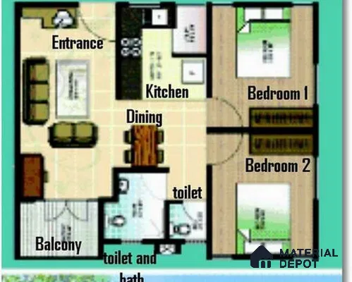 Modern 2BHK apartment layout with tiled flooring, wooden bedroom flooring, and balcony access