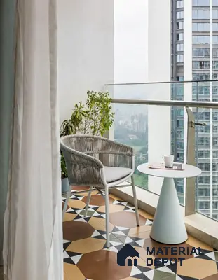 Modern balcony with geometric patterned floor tiles and rope accent chair