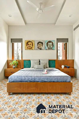 Mid-century modern bedroom with patterned floor tiles and teak wood bed