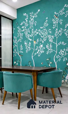 Art Deco dining room with teal chinoiserie wallpaper and wooden dining set
