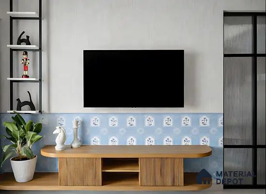 Modern TV unit with light oak fluted laminate and blue floral patterned wall tiles