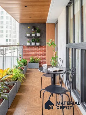 Modern balcony with wood-look ceiling, brick cladding, and patterned wooden floor tiles