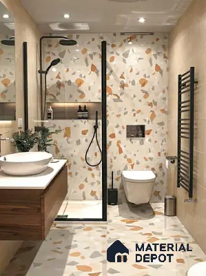 Modern bathroom with terrazzo wall and floor tiles and floating wood vanity