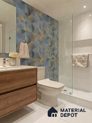 Modern bathroom with blue geometric highlighter wall tiles, white floor tiles, and wood finish vanity